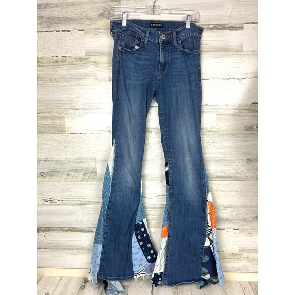 Express Women’s 6 Midrise Blue Denim Patchwork Flare Boho Jeans handmade - Picture 1 of 9
